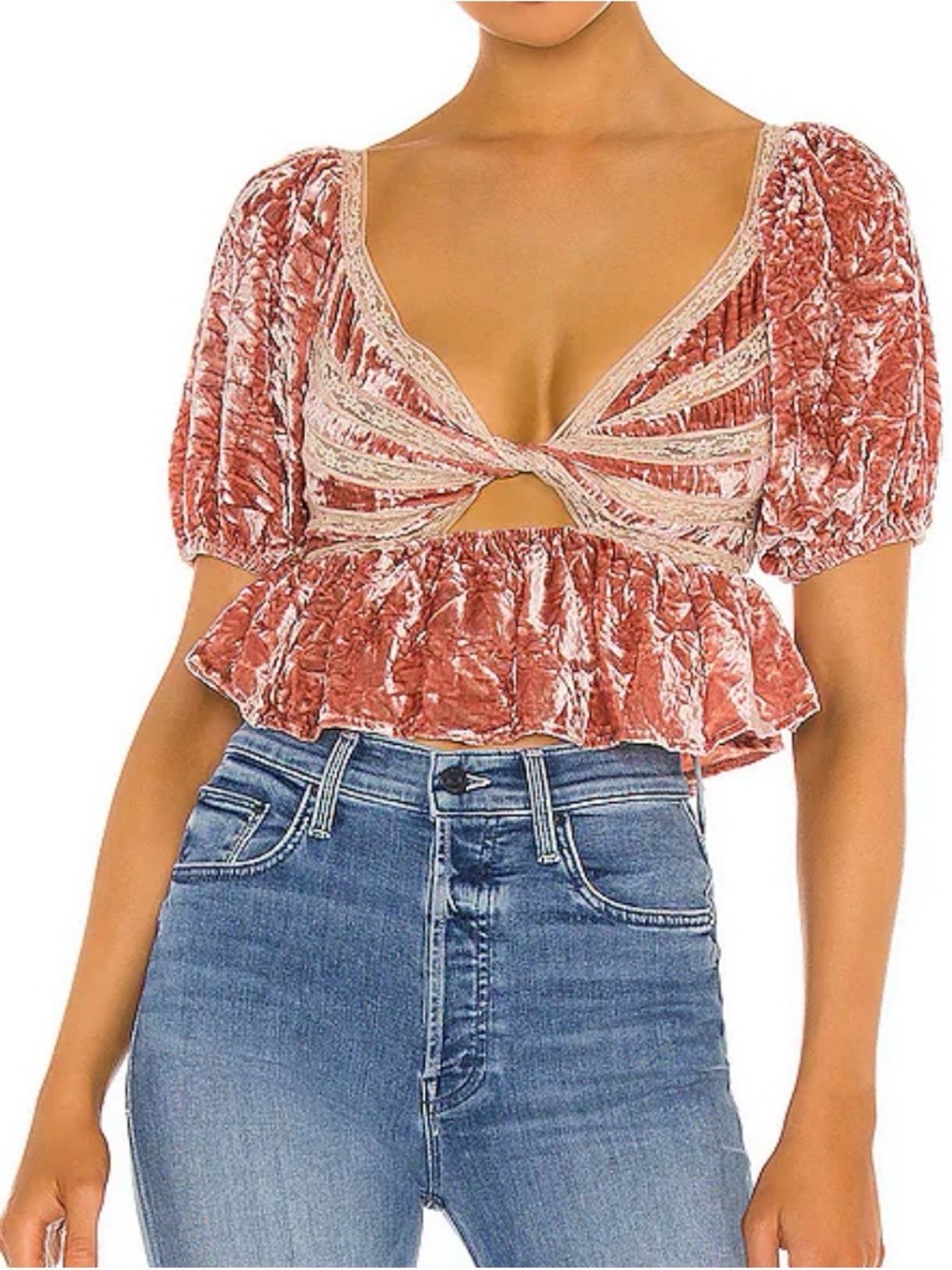 FREE PEOPLE Yours Truly Twist-Front V-Neck Velvet Peplum Top SZ L